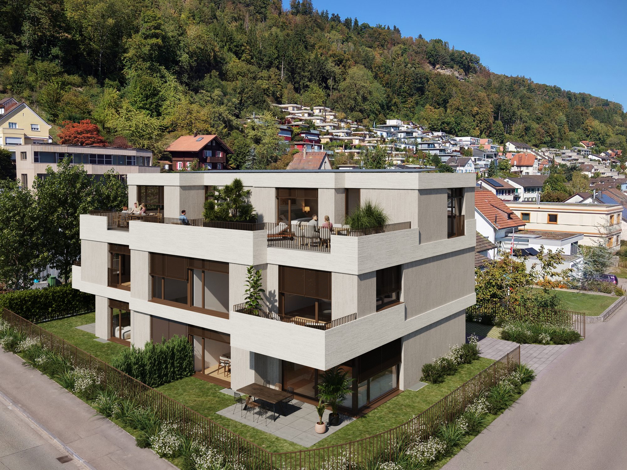 Gartenseite der Häuser mit Sitzplatz und Balkon