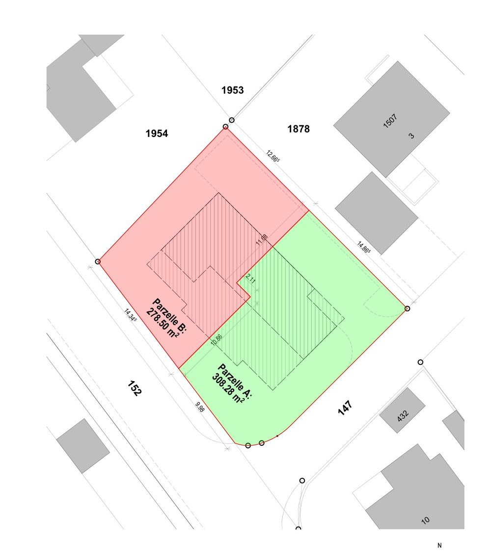 Parzellierung: Haus A ca. 308 m², Haus B ca. 278 m²