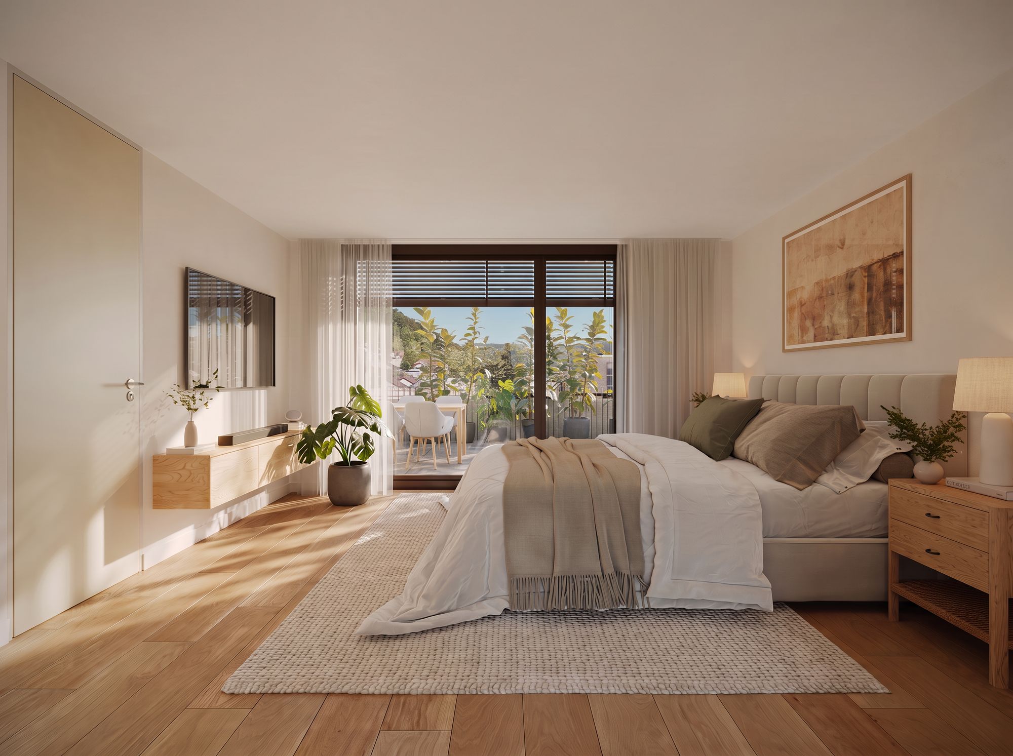 Helles Schlafzimmer mit Eichenparkett