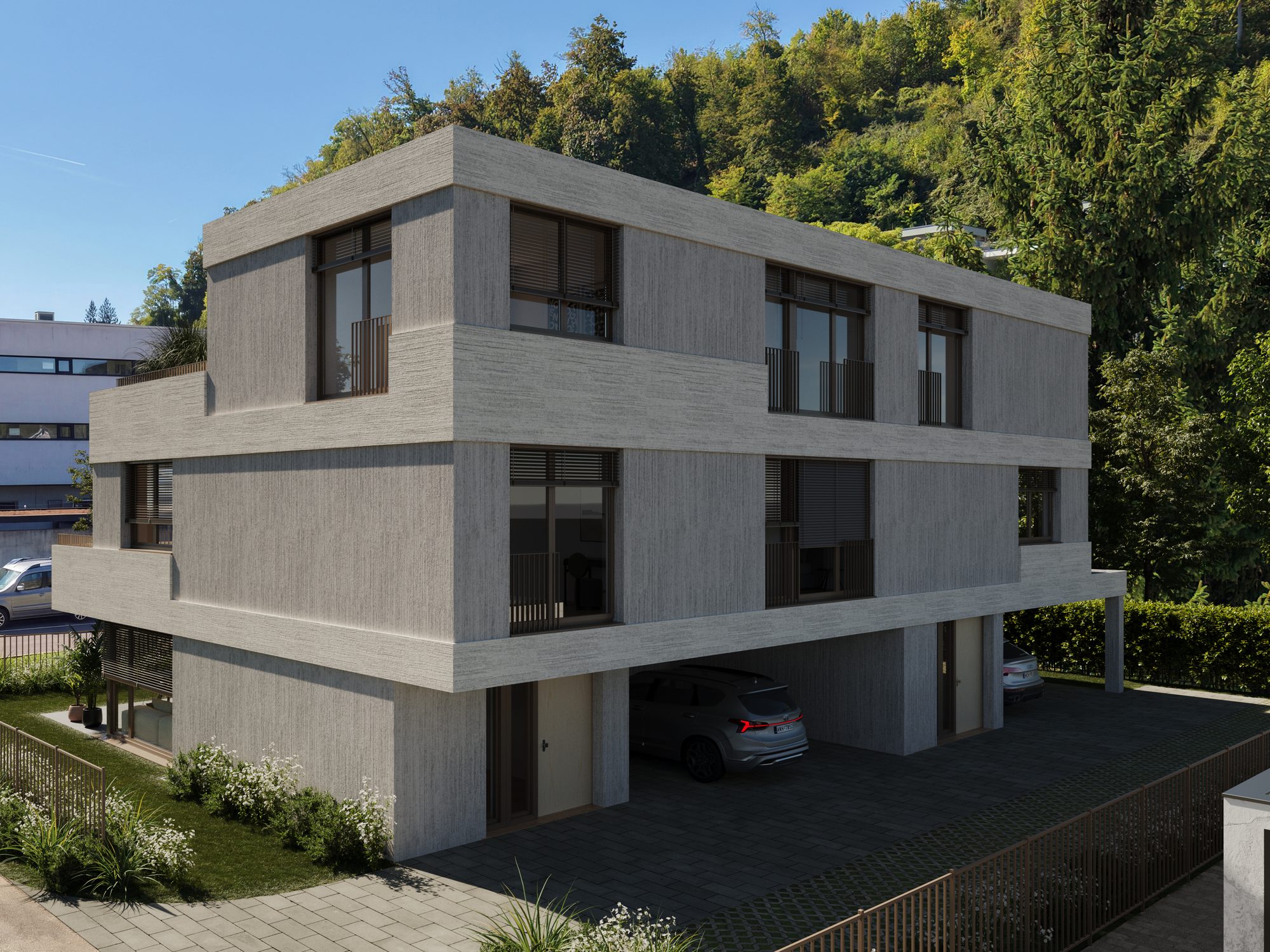 Strassenseite mit Eingang und Carport