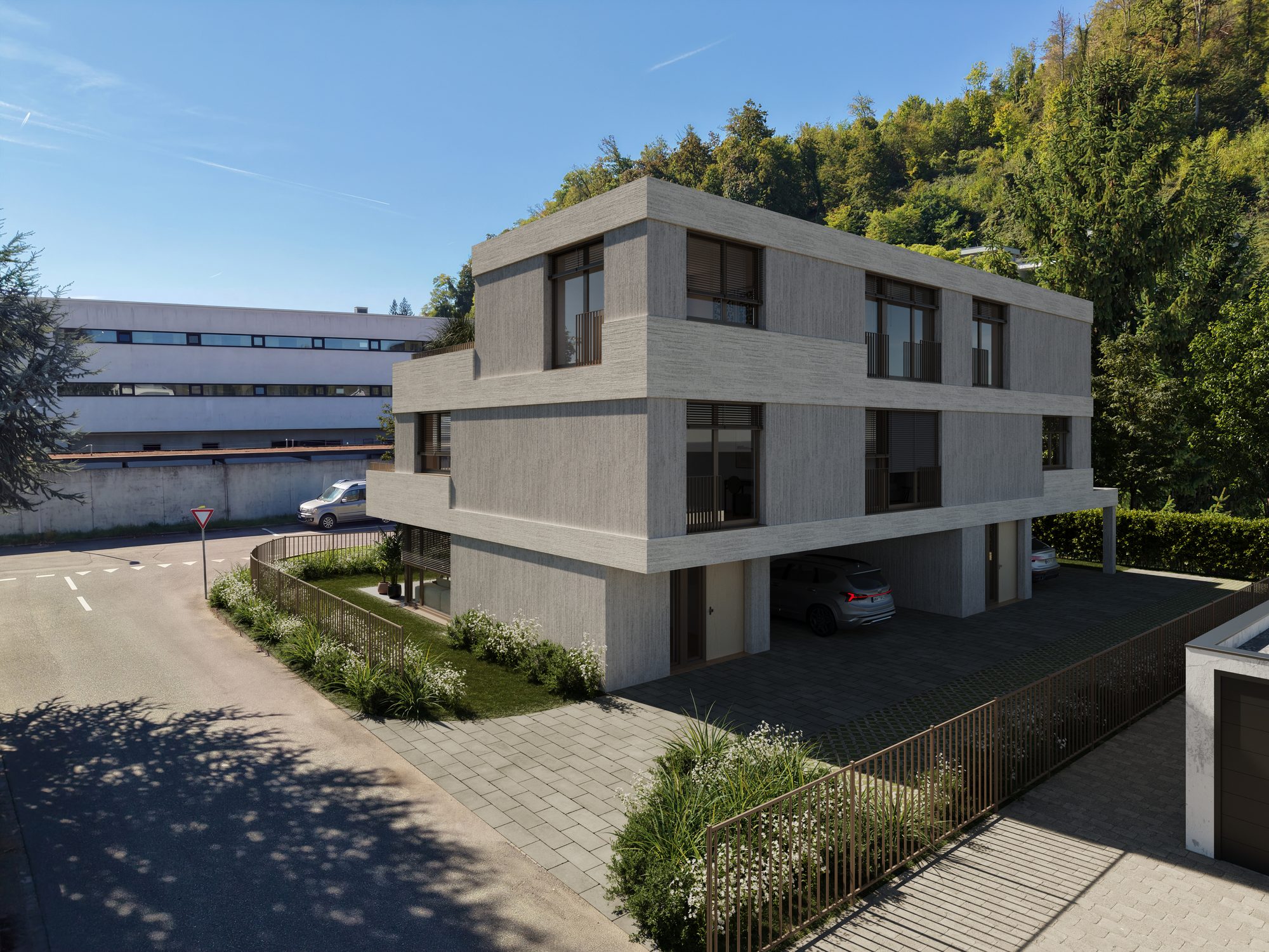 Strassenansicht des Neubaus mit Carport und Garten